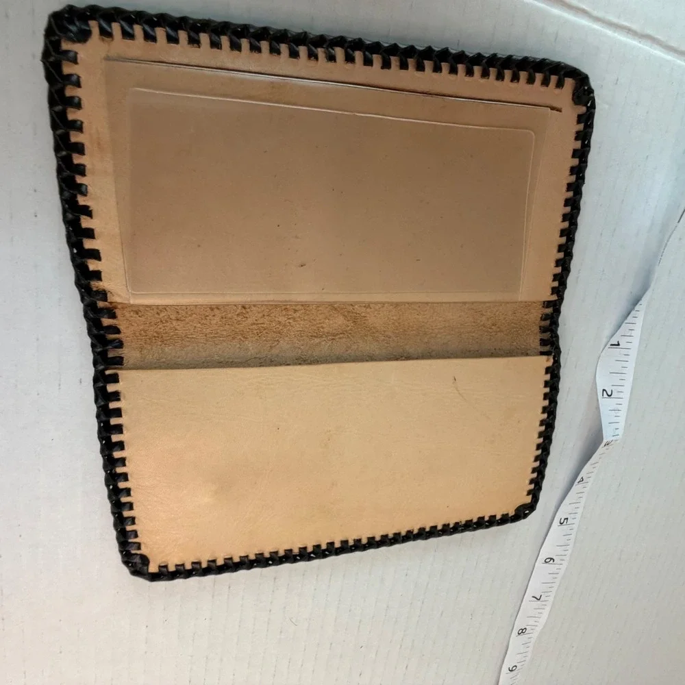 Vintage Hand Tooled Leather Checkbook Cover Pyramid Pattern Bi-Fold Wallet